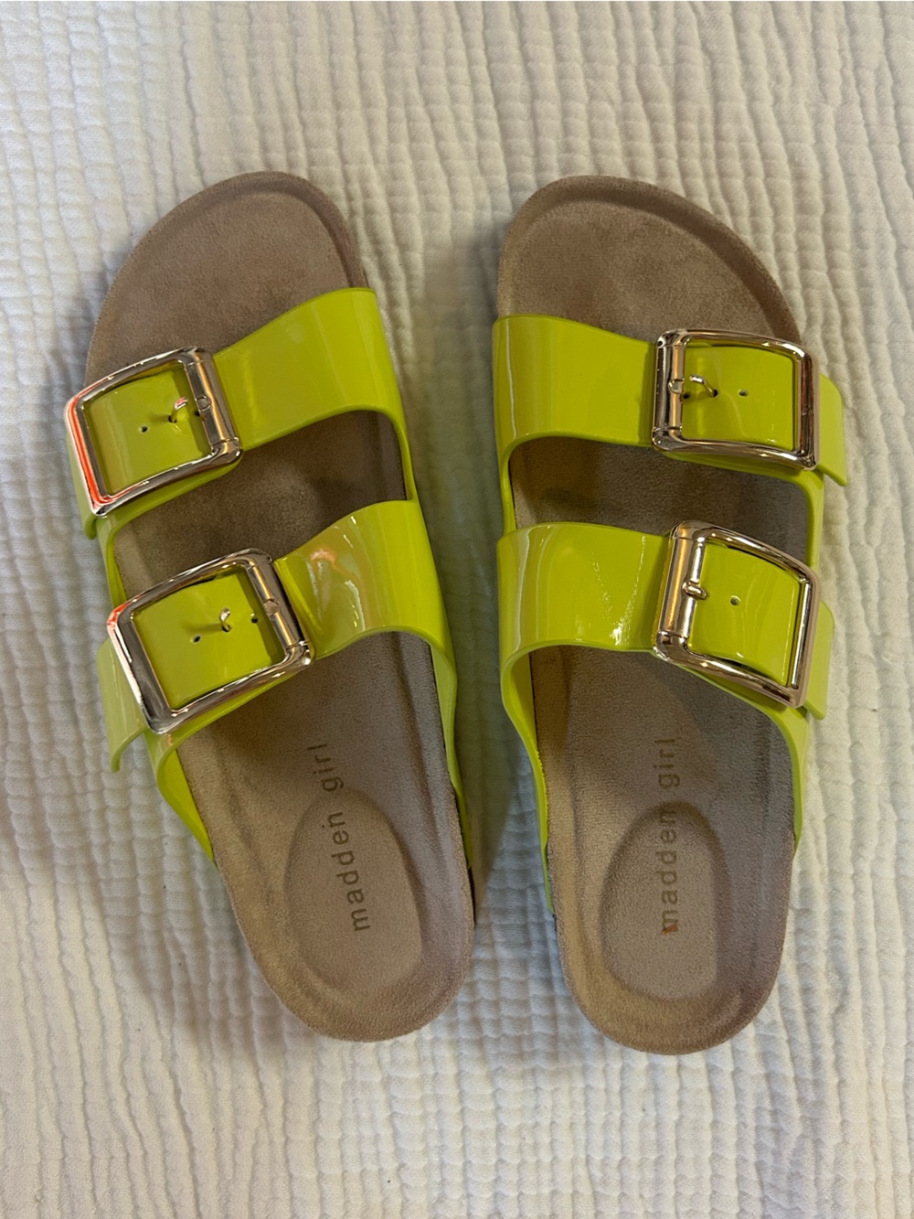 Madden Girl Neon Lime Double Buckle Slide Sandals